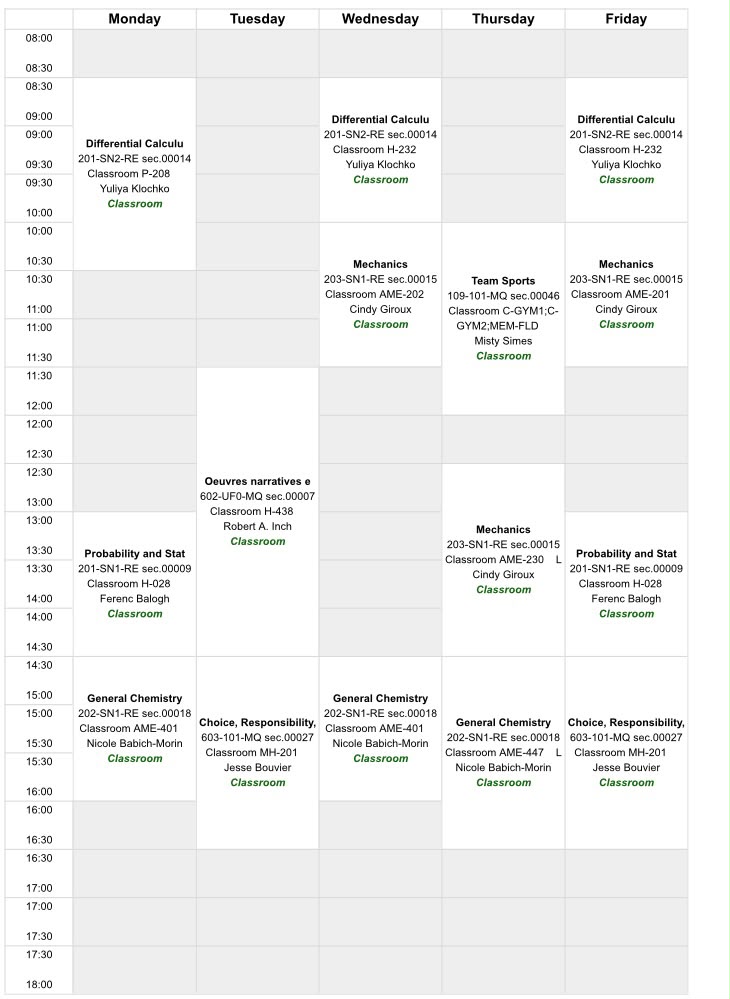 Example of a clear weekly timetable with all weekday headings, times, and class blocks visible.